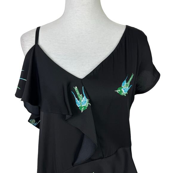 Diane von Furstenberg Black Bird Print Asymmetric Silk Jersey Ruffle Dress - Picture 5 of 12